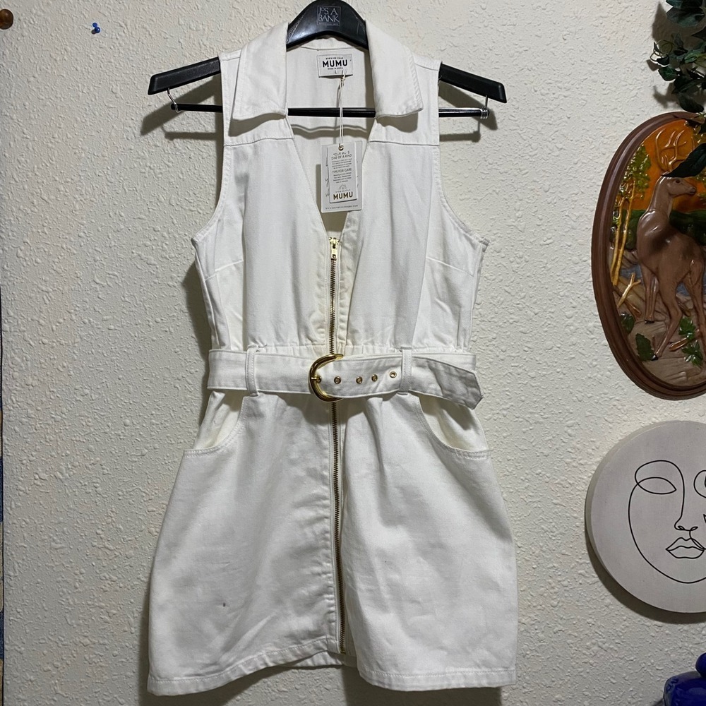 Show Me Your Mumu White Denim Mini Dress Sleeveless Belted Zip Front Large NWT - Picture 3 of 8